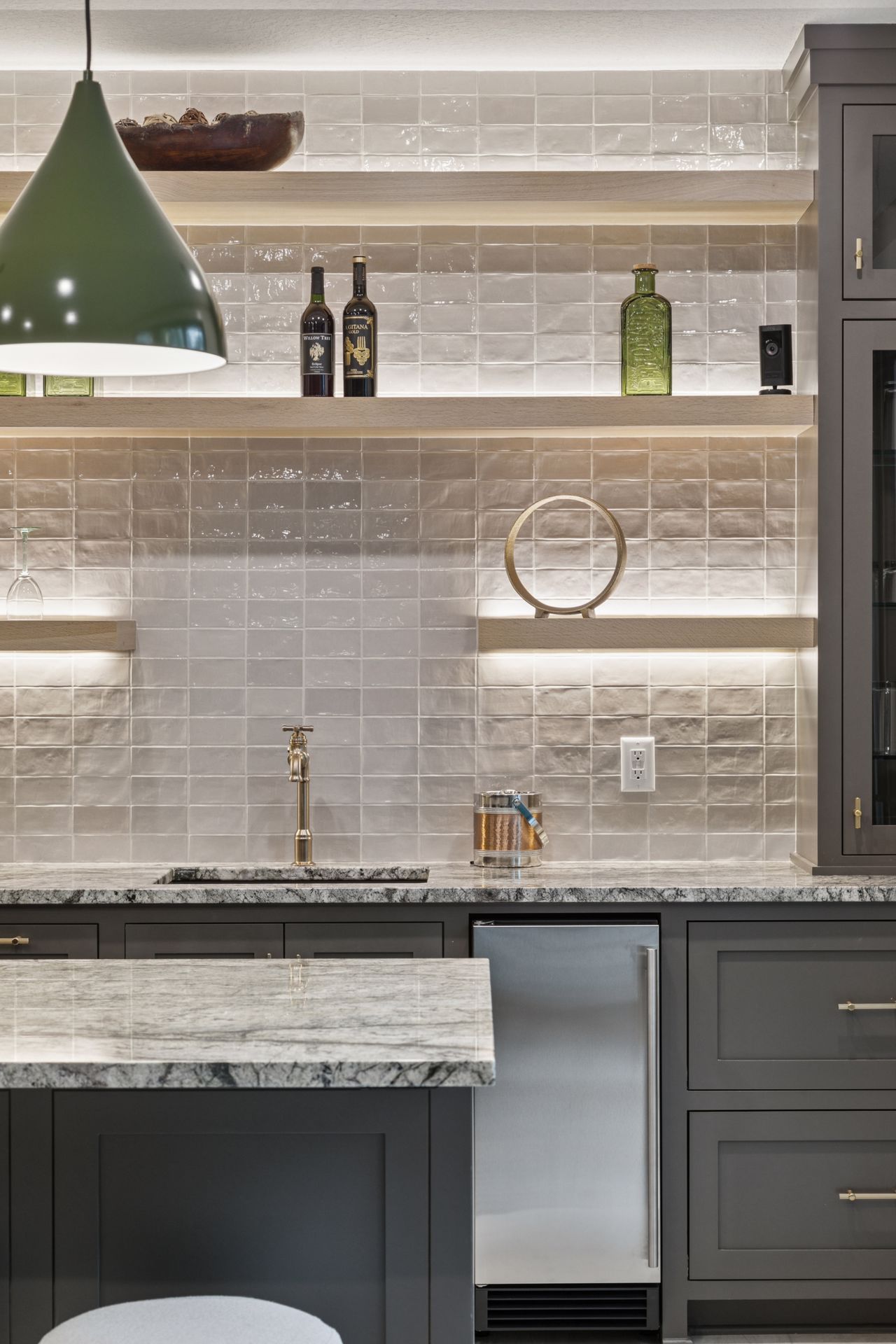 Wet bar lighted floating shelving